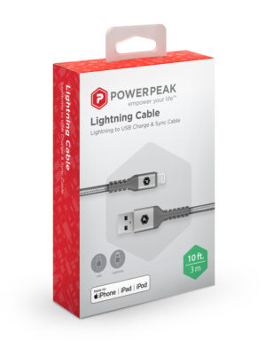 PowerPeak Extra-long Premium Braided Lightning Cable 10 FT. Metallic USB Charge & Sync Cable - Silver - Image 3