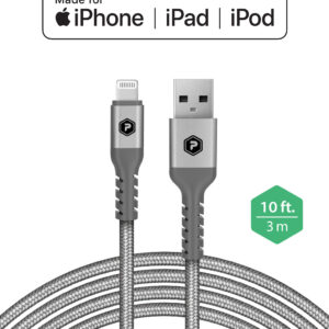 PowerPeak Extra-long Premium Braided Lightning Cable 10 FT Metallic USB Charge & Sync Cable - Silver