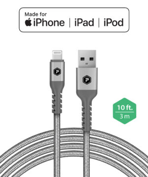 PowerPeak Extra-long Premium Braided Lightning Cable 10 FT Metallic USB Charge & Sync Cable - Silver