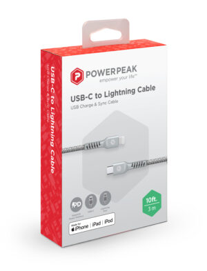 PowerPeak 10ft USB-C To Lightning Cable - Silver front of the pack